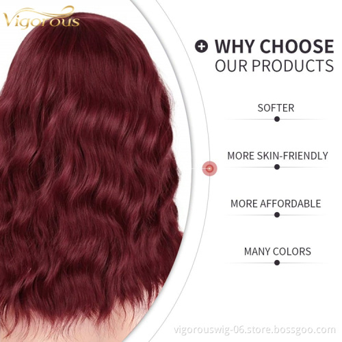 Vigorous 14 inches Natural Wave Wig Wine Red Hair with Bangs Synthetic Short Wig for Women Heat Resistant Fiber Hair